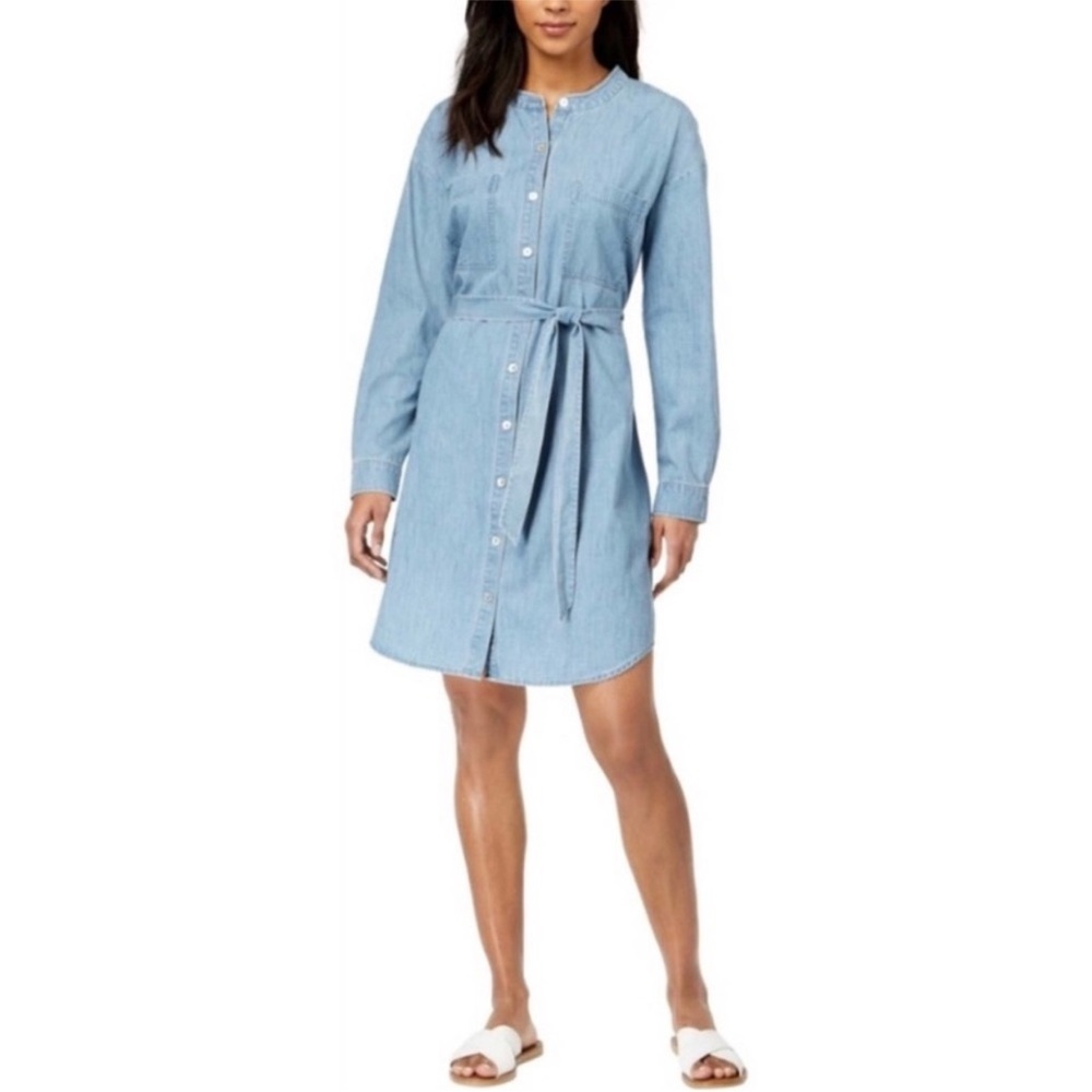 NWT Eileen Fisher Mandarin Collar Denim Tencel Dress SZ S